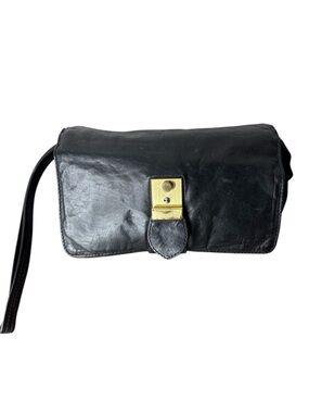 JAGUAR Vintage Black Leather Clutch Wristlet Mini Bag Zipper Gold Toned Clasp